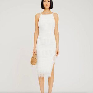 Torn by Ronny Kobo Pointelle Knit Fringe Yuna Midi Dress  White M NWT $268